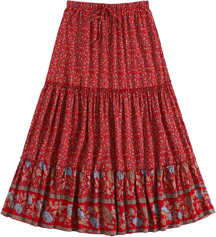 Amazon.com: Milumia Women's Boho Vintage Floral Print Tie Waist A Line Maxi Skirts Multi Red and ... | Amazon (US)