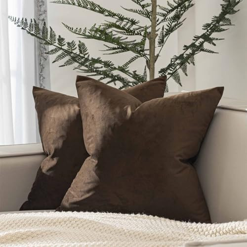 JUSPURBET Brown Throw Pillow Covers Set of 2 Decorative Velvet Pillow Covers for Couch Sofa Bed Soft Cushion Covers Cases with Invisible Zipper for Living Room Home Decor 18x18 inch | Amazon (US)