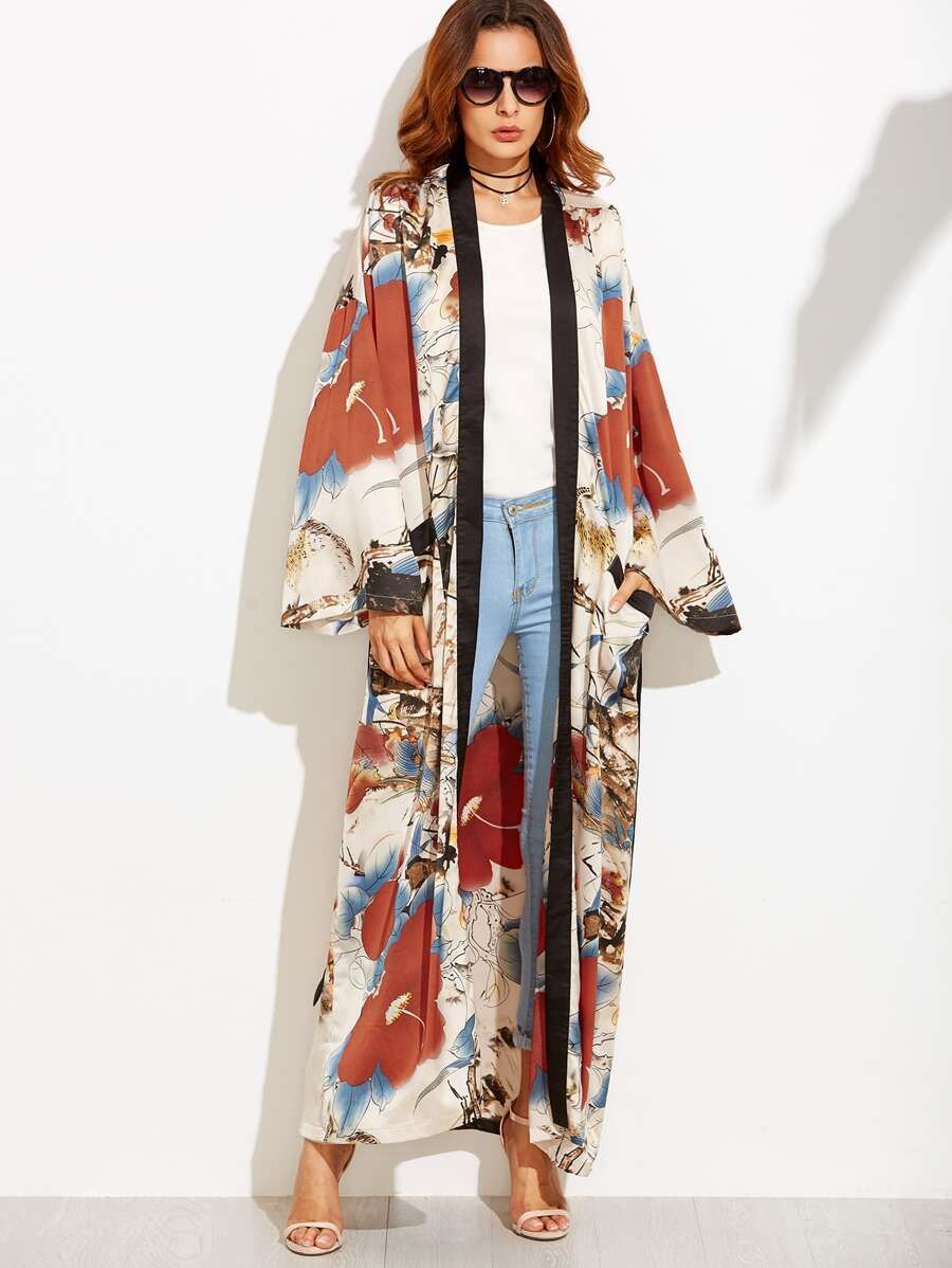 Calico Print Contrast Trim Belted Maxi Kimono | SHEIN