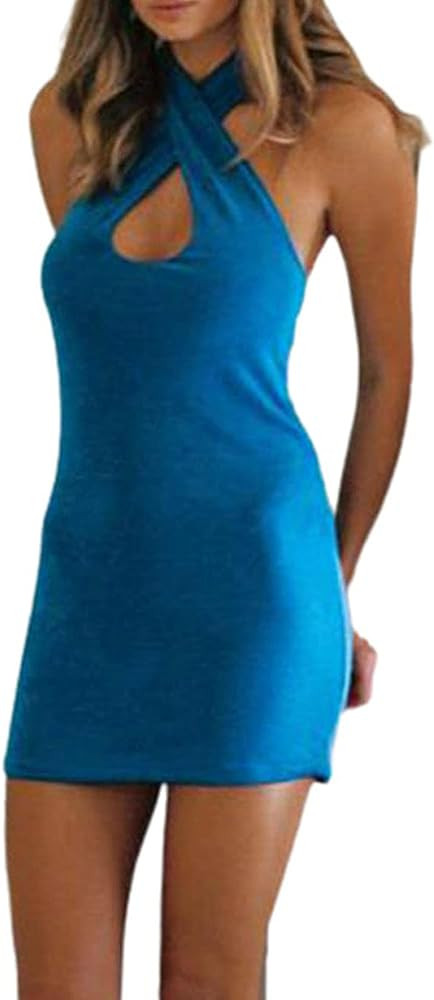 Criss Cross Halter Neck Dress Sleeveless Backless Hollow Out Bodycon Mini Dress Y2K Summer Clubwe... | Amazon (US)