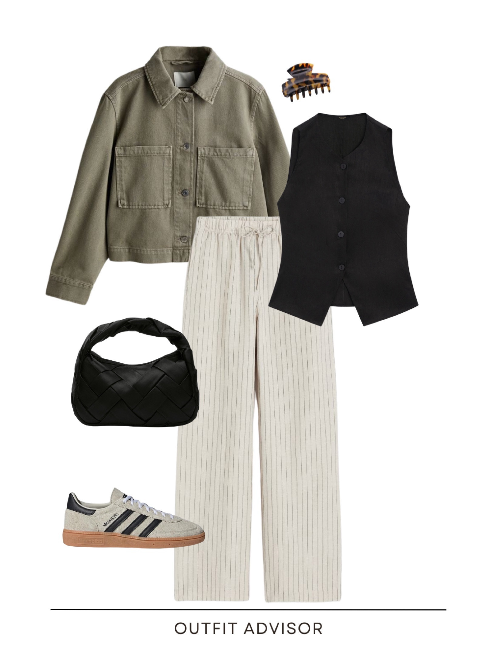 Casual spring ootd inspo: a green denim jacket, balck waist coat, striped trousers, black bag, claw clip and adidas special sneakers.

#LTKitbag #LTKshoecrush #LTKstyletip