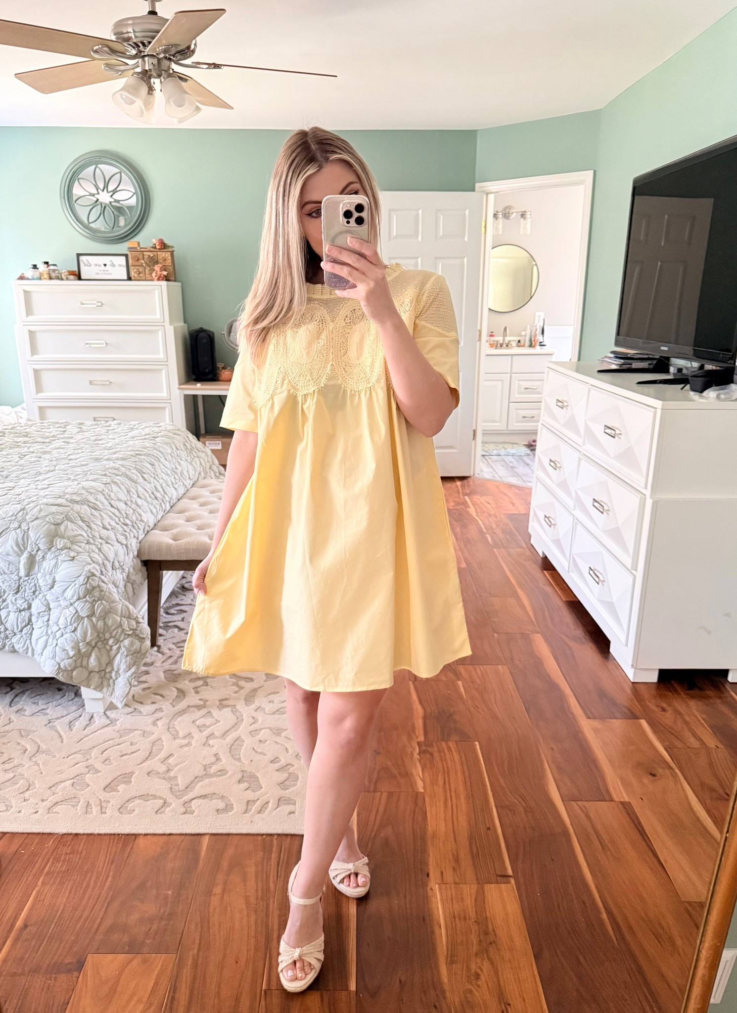 Babydoll lace detail dress for spring summer 
Easter style mom fit, knee length, pockets, short sleeves

Bump friendly 

#LTKBump #LTKPetite #LTKmomlife