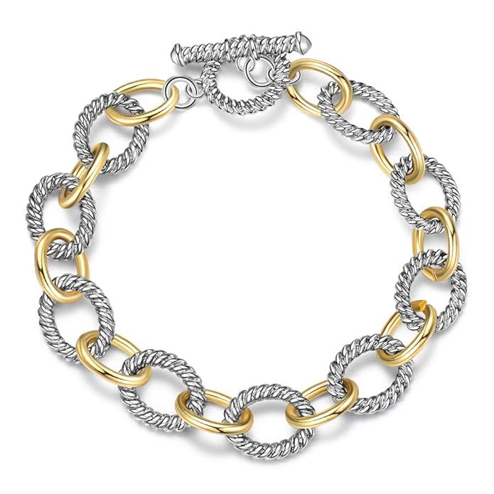 Mytys Link Bracelet Two Tone Circles Chain Silver and Gold Wire Cable Bangle Designer Inspired Br... | Amazon (US)