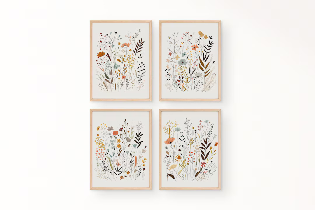 Set of 4 Minimalist Flower Prints, PRINTABLE Gallery Wall Art, Boho Wildflower Nursery Wall Decor... | Etsy (US)
