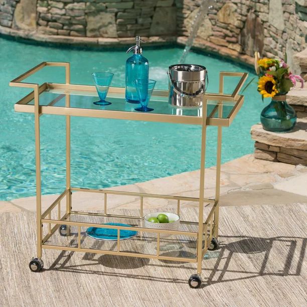 Outdoor Industrial Iron and Glass Bar Cart, Gold | Walmart (US)