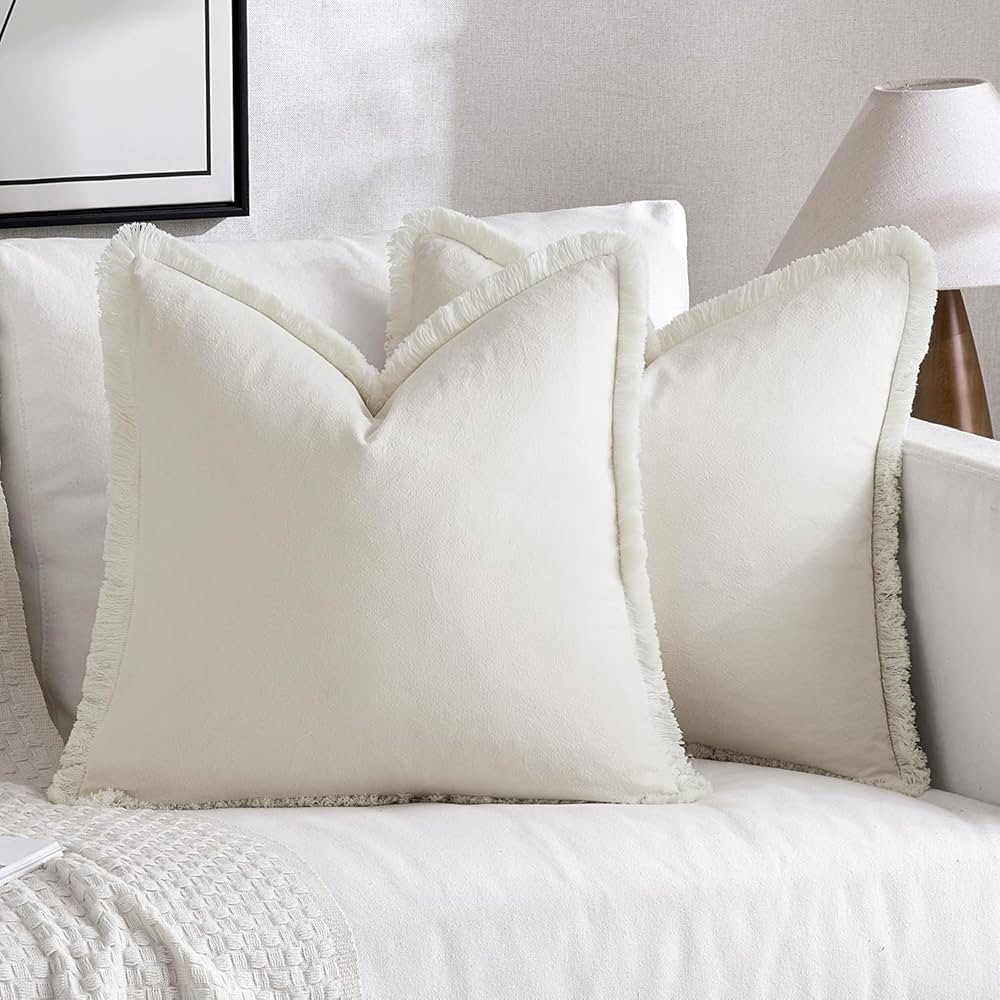 MIULEE Throw Pillow Covers Boho Farmhouse 20x20 Set of 2 Decorative Cream White Couch with Fringe... | Amazon (US)