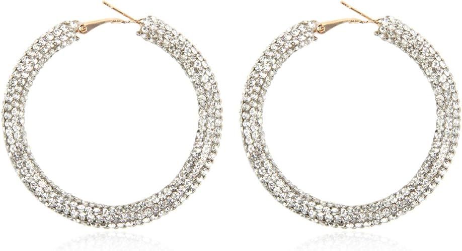 Sparkly Cubic Jewel Geometric Statement Hoop Earrings - Bling Crystal Rhinestone Glitter Hexagon ... | Amazon (US)