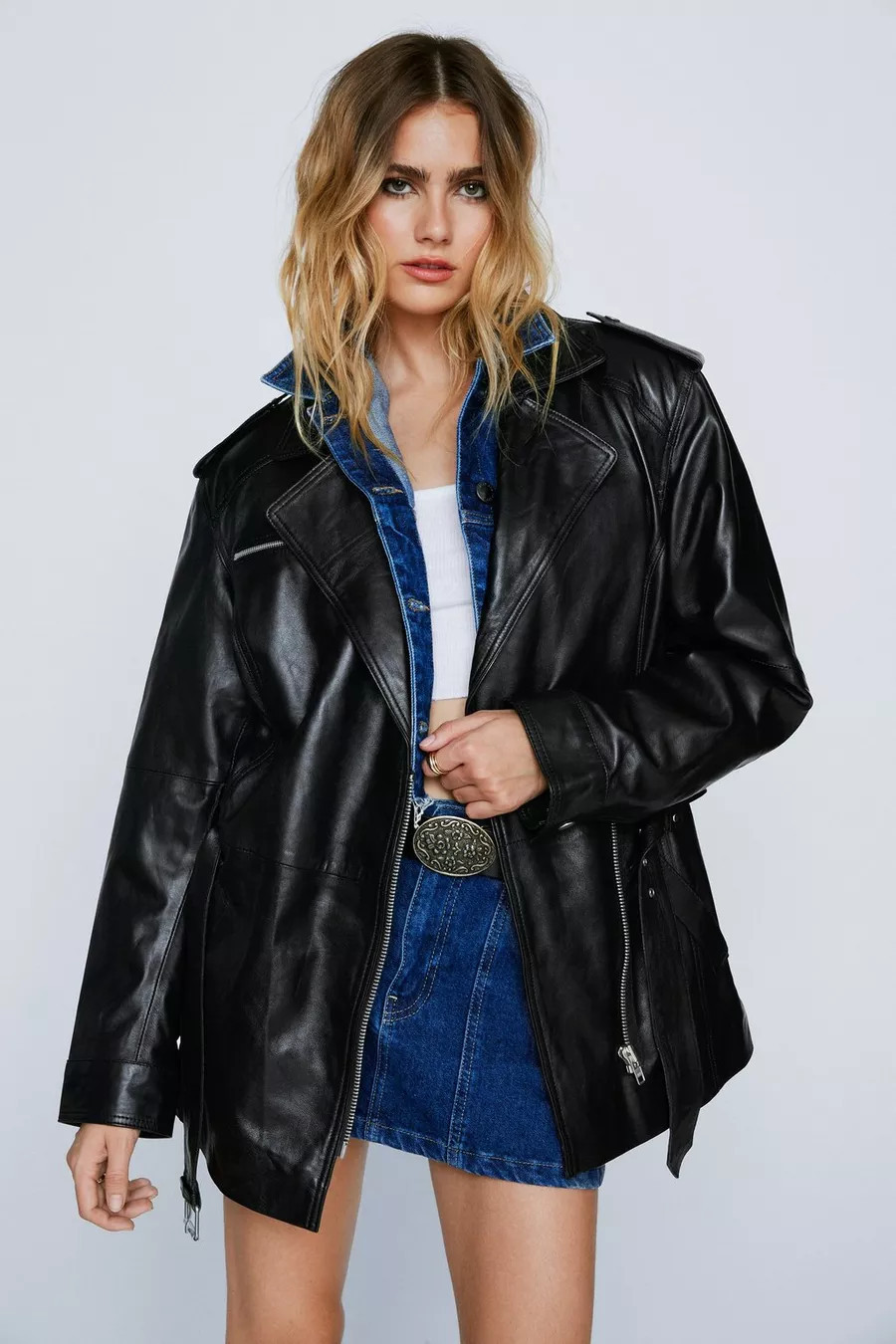 Real Leather Zip Detail Longline Belted Jacket | Nasty Gal UK (+IE)