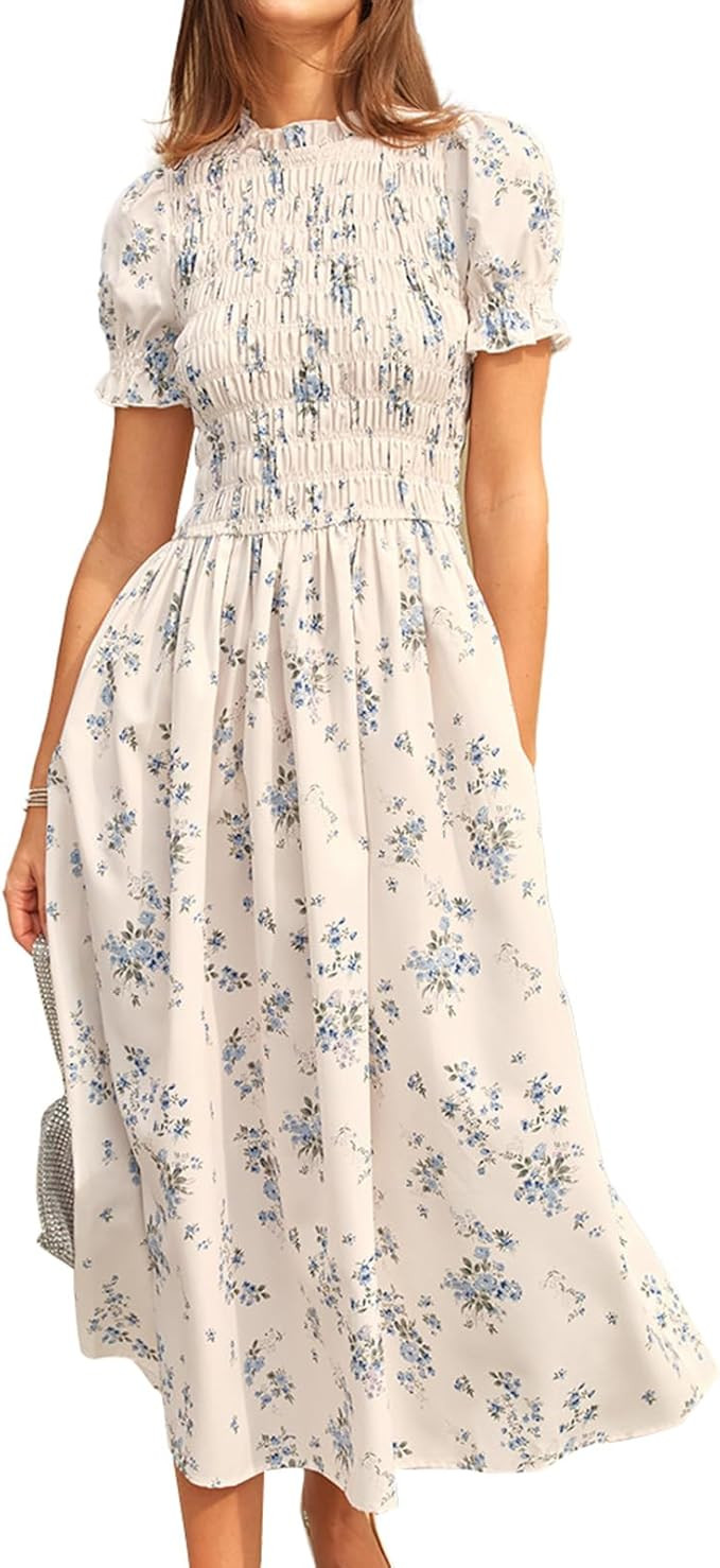 RIHOAS Women Shirred A-Line Midi Dress Summer Dresses Puff Short Sleeve Smocked Flowy Ruffle Boho... | Amazon (US)