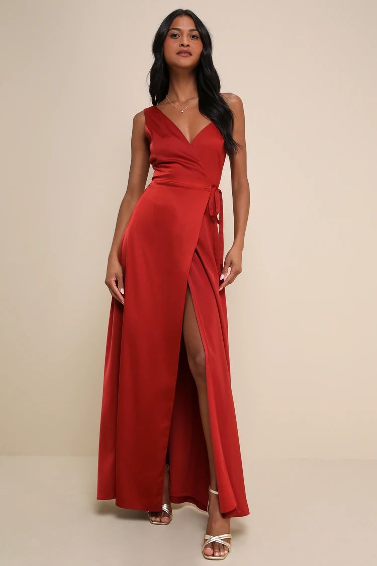 Poised Sophistication Rust Red Satin Wrap Maxi Dress | Lulus