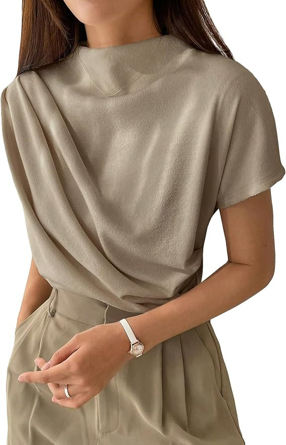 OYOANGLE Women's Ruched Draped Front Mock Neck Short Sleeve Solid Tee Shirt Top | Amazon (US)