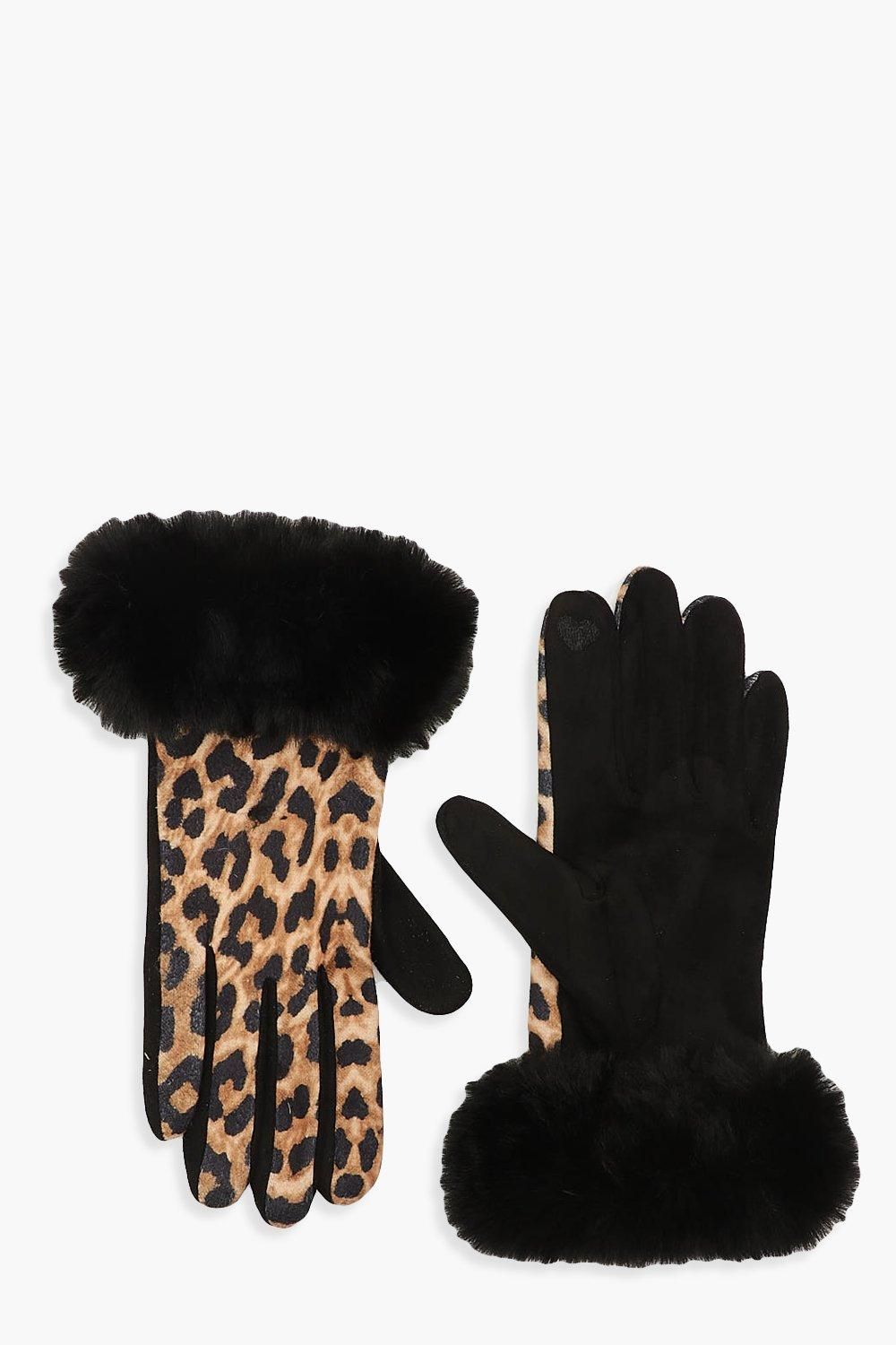 Faux Fur Trim Leopard Gloves | Boohoo.com (US & CA)