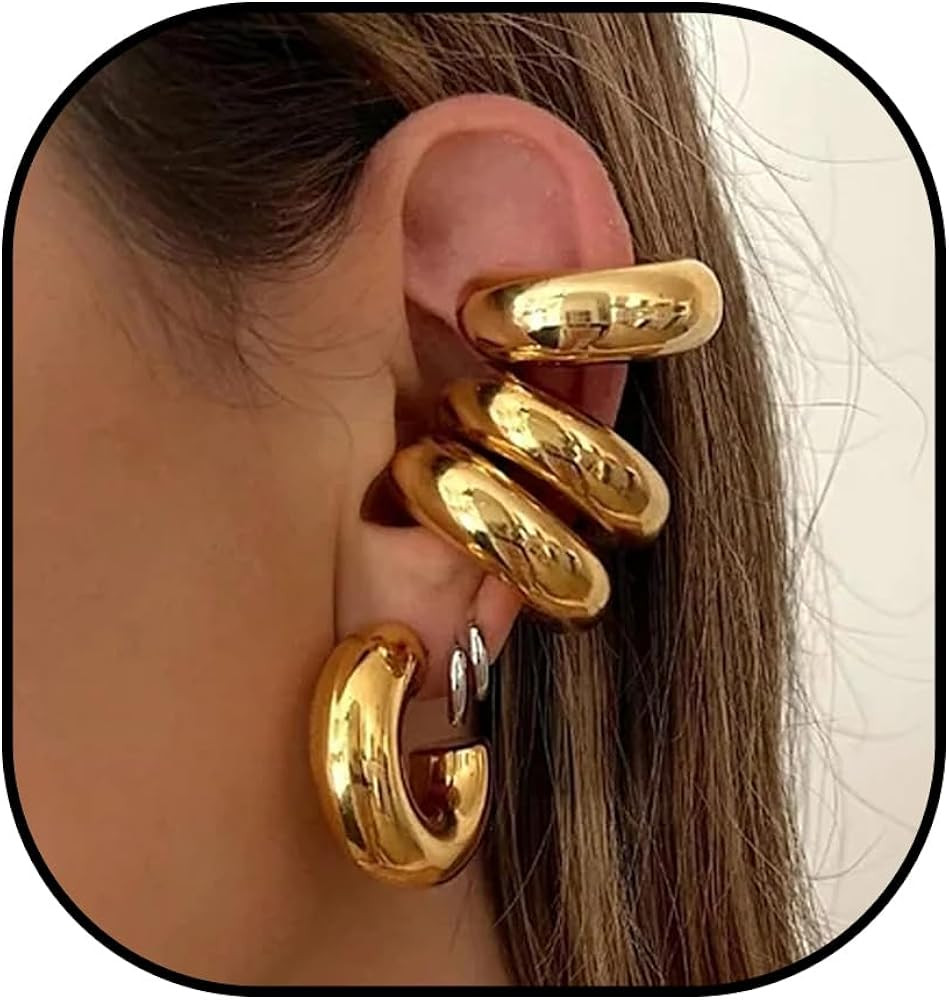 4 PCS Chunky 14K Real Gold Earrings for Women, Lightweight Hypoallergenic Big Chunky Gold|Sliver ... | Amazon (US)