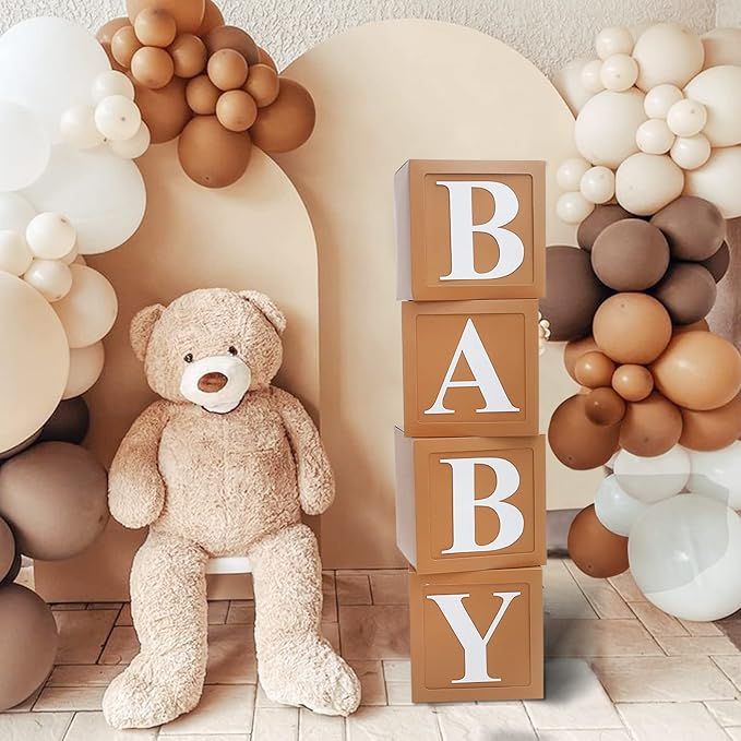 Teddy Bear Baby Shower Boxes Decorations, 4pcs Brown Baby Shower Blocks with Letters, Stereoscopi... | Amazon (US)