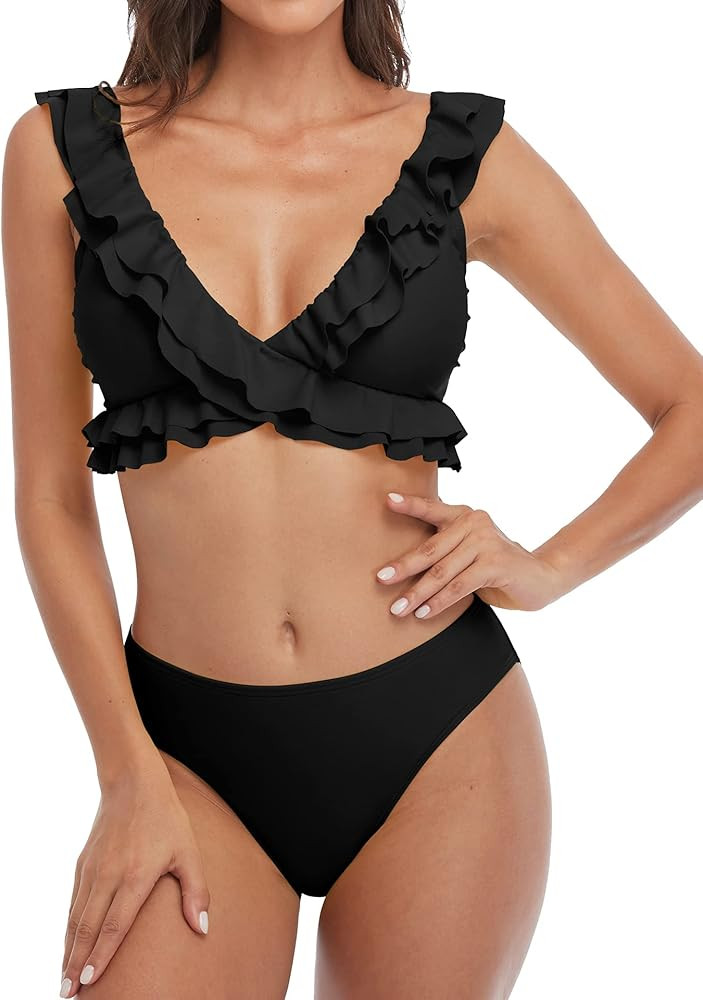 Charmo Ruffle Bikini for Women Flounce Strap V Neck Mid Rise Two Piece Cute Swimsuits | Amazon (US)