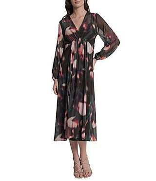 DKNY by Donna Karan Printed Chiffon V-Neck Long Balloon Sleeve Empire Waist Midi Dress - 6 | Dillard's