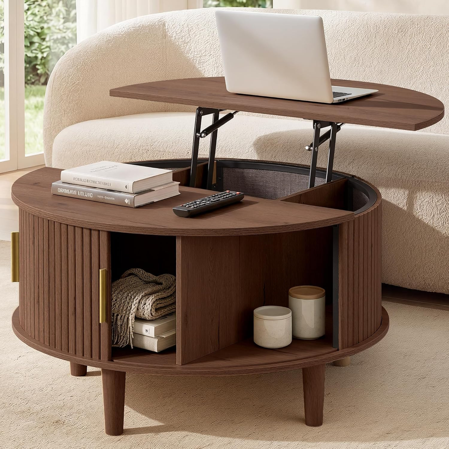 VASAGLE Round Coffee Table, Lift Top Coffee Table with Tambour Sliding Door | Amazon (US)