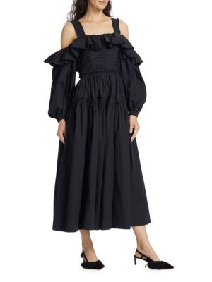 Ulla Johnson Caprice Ruffle Cold Shoulder Midi Dress on SALE | Saks OFF 5TH | Saks Fifth Avenue OFF 5TH