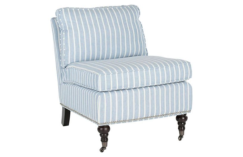 Davis Slipper Chair, Blue/White Linen | One Kings Lane