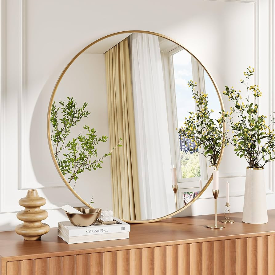 36" Gold Round Mirror for Wall, Large Circle Bathroom Mirror, Matte Gold Metal Frame, HD Eco-Frie... | Amazon (US)