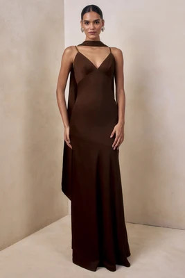 Starling | Brown Matte Satin Plunge-Neck Maxi Dress With Scarf-Detail | Club L London