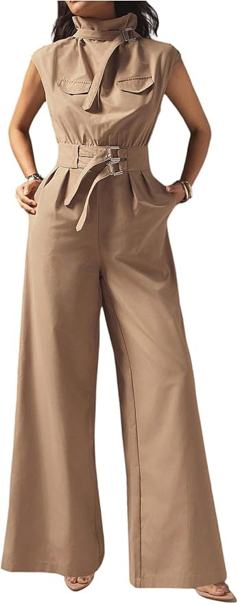 OYOANGLE Women's Sleeveless Mock Neck Belted Jumpsuits Baggy Wide Leg Long Pants Rompers with Poc... | Amazon (US)