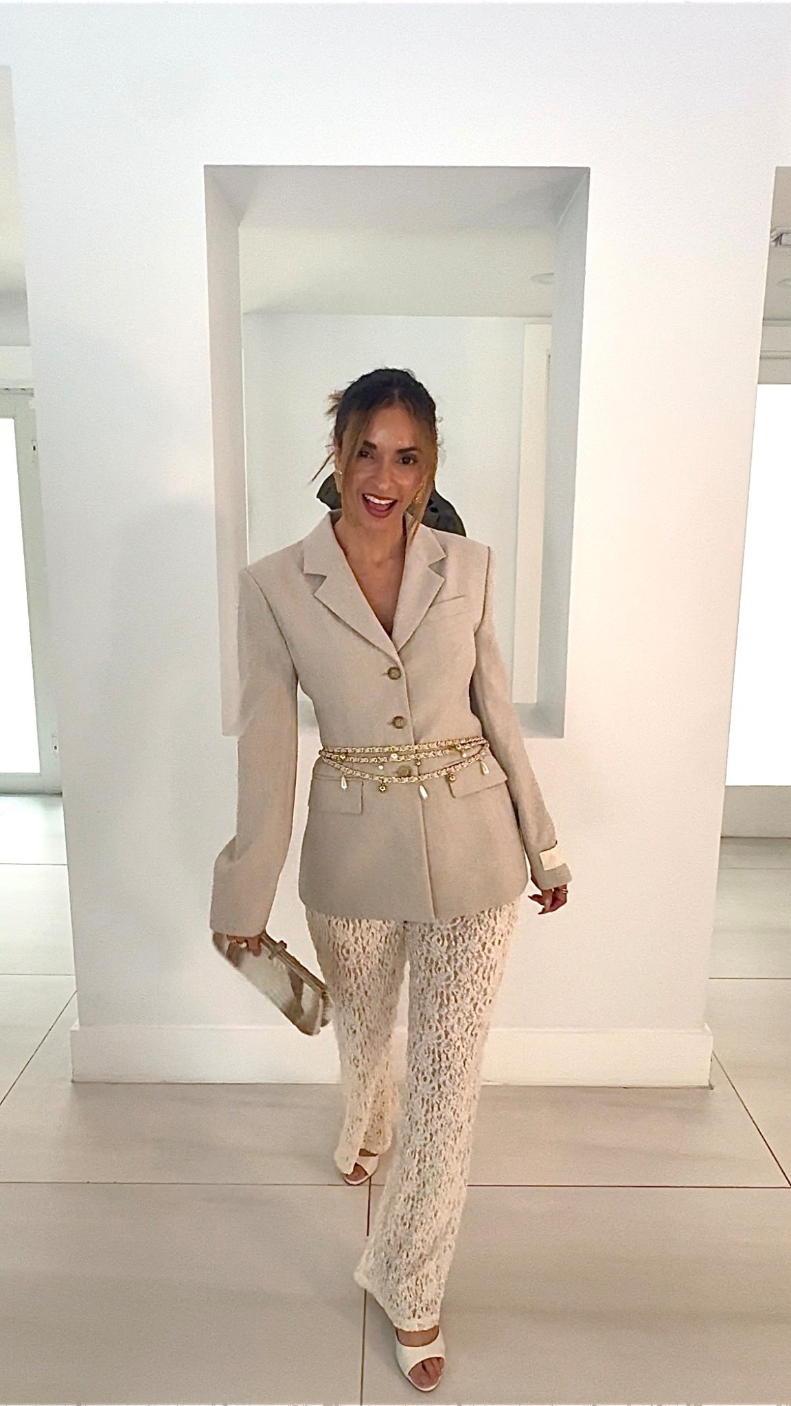 Styling a sleek tailored blazer cinched with a gold chain belt, paired with lace trousers for the perfect mix of structure and softness. I finished the look with a neutral clutch and strappy heels — polished, chic, and versatile for both daytime events and evening plans.

This outfit balances feminine lace with tailored details, creating an elegant neutral look you can wear on repeat.

Perfect For: chic brunches, date nights, or cocktails with the girls.

#LTKParties #LTKStyleTip #LTKU