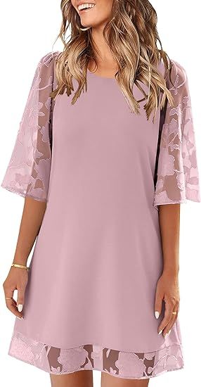 LookbookStore 3/4 Sleeve Dress for Women Shift Cute Summer Tunic Floral Lace Dresses | Amazon (US)