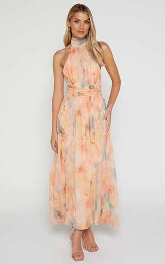 Jastica Midi Dress - Halter Neck waist detail Midi Dress in Yellow Floral | Showpo (ANZ)