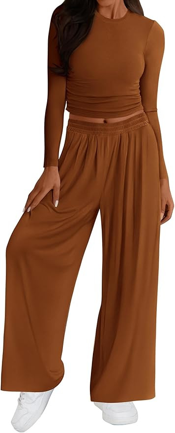 KIRUNDO Women 2 Piece Loungewear Set Lightweight Soft Long Sleeve Crop Top Wide Leg Palazzo Pants... | Amazon (US)