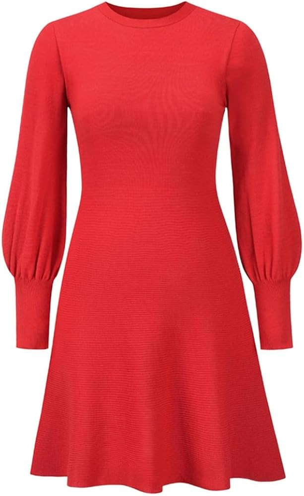 Womens O-Neck Long Sleeve Midi A-line Pencil Dress Lady Knitted Dress Round Neck Dress for Autumn... | Amazon (US)