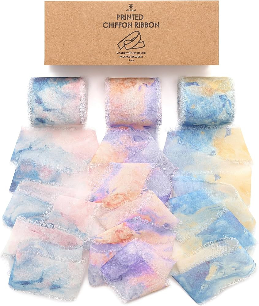 Vitalizart Pink Blue Chiffon Ribbon Silk Like1 1/2 Inch Printed Frayed Ribbon for Gift Wrapping W... | Amazon (US)