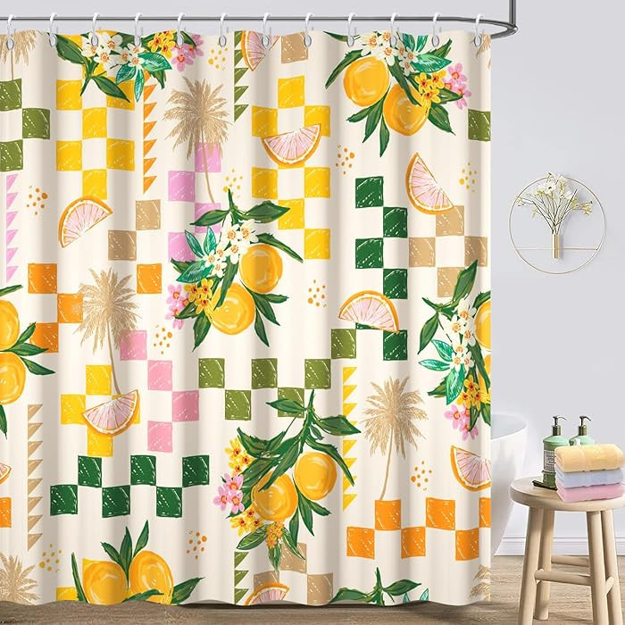 Yellow Shower Curtain, Watercolor Citru Fruits Lemon Shower Curtain Set with Hooks Green and Pink... | Amazon (US)