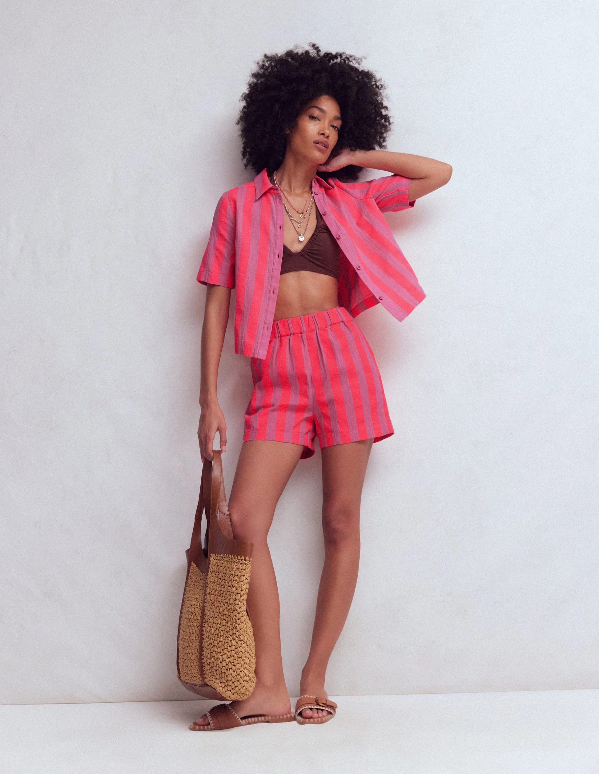 Pull On Double Cloth Shorts-Pink, Neon Coral Mid Stripe | Boden (US)
