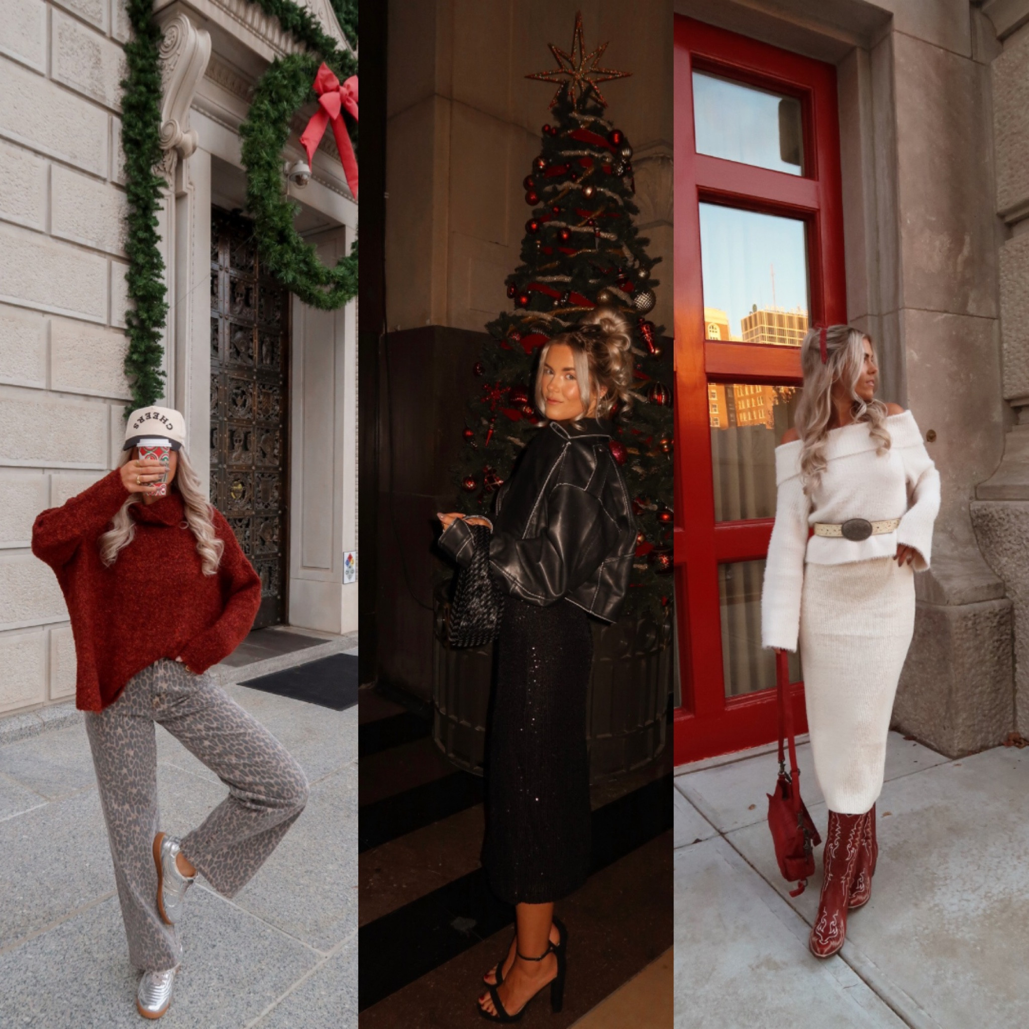 outfit one: size large in sweater and 26 in jeans 
outfit two: size small in dress & jacket
outfit three: size small in sweater and sweater skirt 

#LTKCyberWeek #LTKParties #LTKHoliday