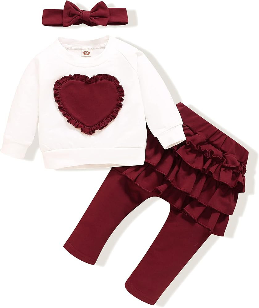 Baby Girl Clothes Toddler Girl Clothing Love Heart Sweatshirt Top and Ruffle Pant Headband 3pc In... | Amazon (US)
