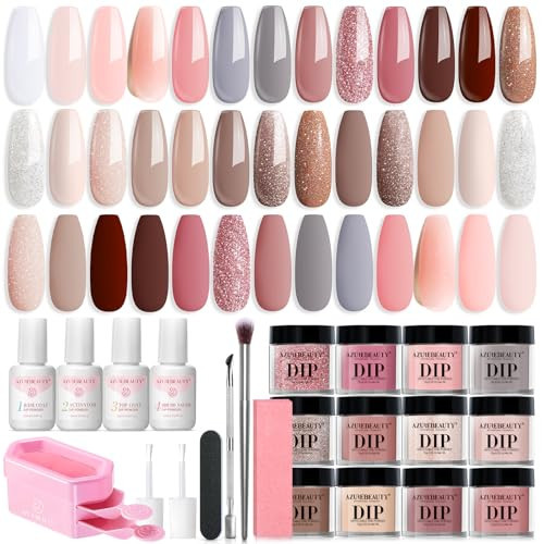 AZUREBEAUTY 31 Pcs Dip Powder Nail Kit 20 Colors Glitter Nude Brown Pink White Gray Dip Powder Liquid Set with Top/Base Coat Activator for French Nails Art Manicure DIY Salon Women Valentine's Gift | Amazon (US)