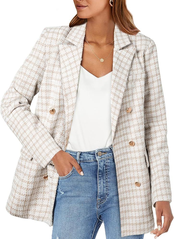 Happy Sailed Womens Tweed Blazers Casual Jackets Long Sleeve Double Breasted Open Front Plaid Bla... | Amazon (US)