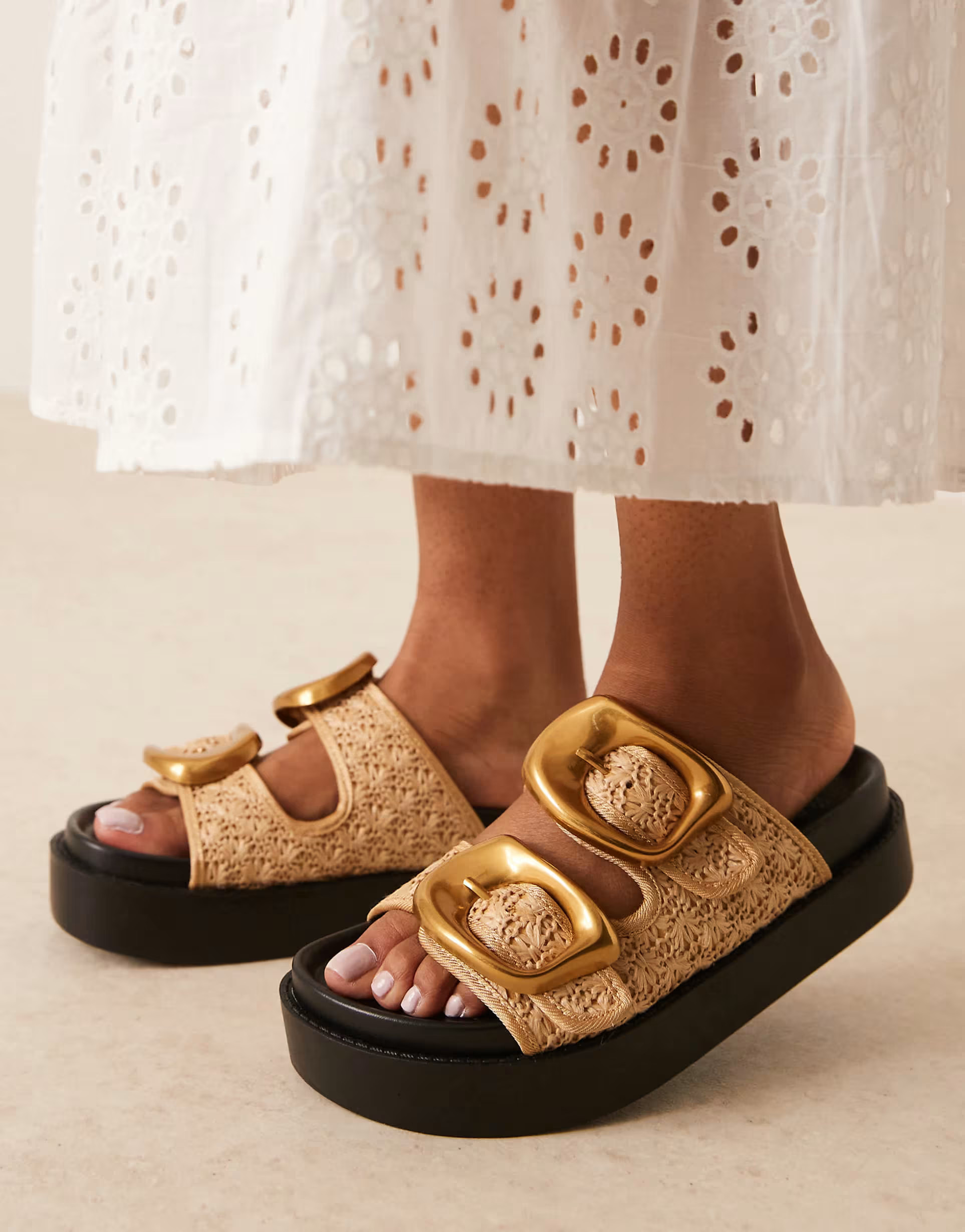 ASOS DESIGN Wide Fit Femi oversized buckle footbed mules in natural | ASOS | ASOS (Global)