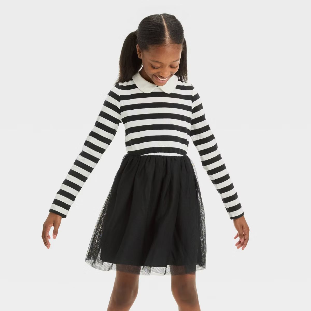 Girls' Long Sleeve Striped Tulle Dress - Cat & Jack™ Black/Cream XS | Target