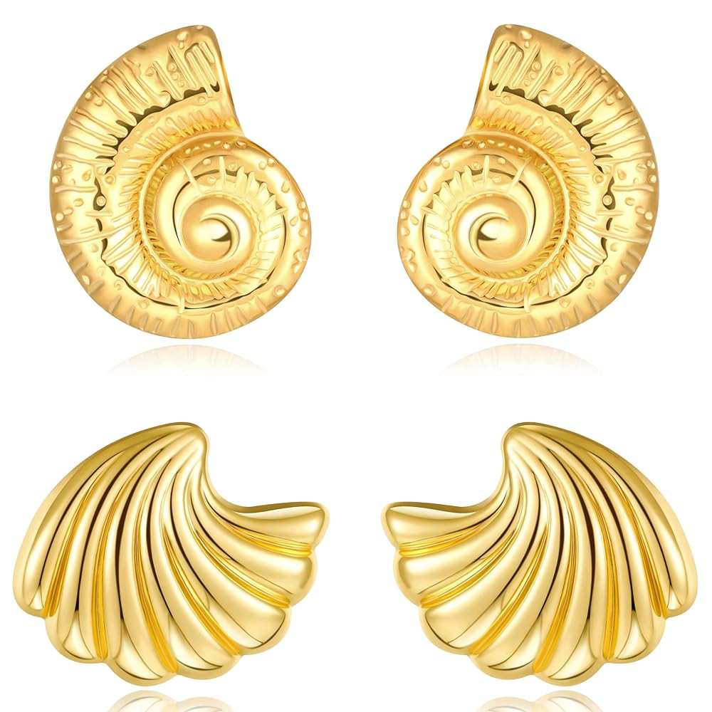 Gold Shell Earrings for Women Beach Seashell Earrings Chunky Gold Ocean Earring Statement Earring... | Amazon (US)