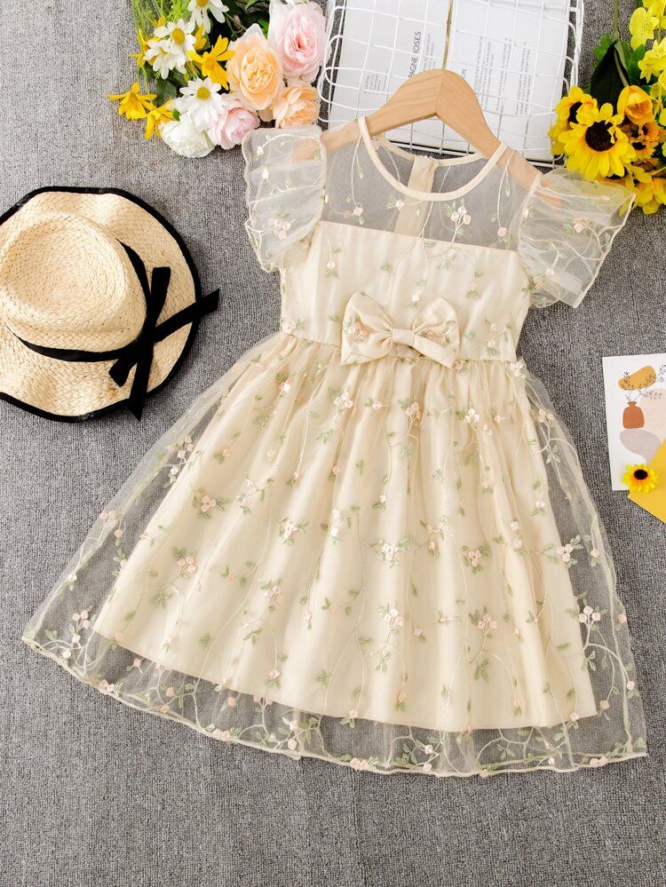 Toddler Girls Floral Embroidery Bow Front Butterfly Sleeve Party Dress
       
              
   ... | SHEIN