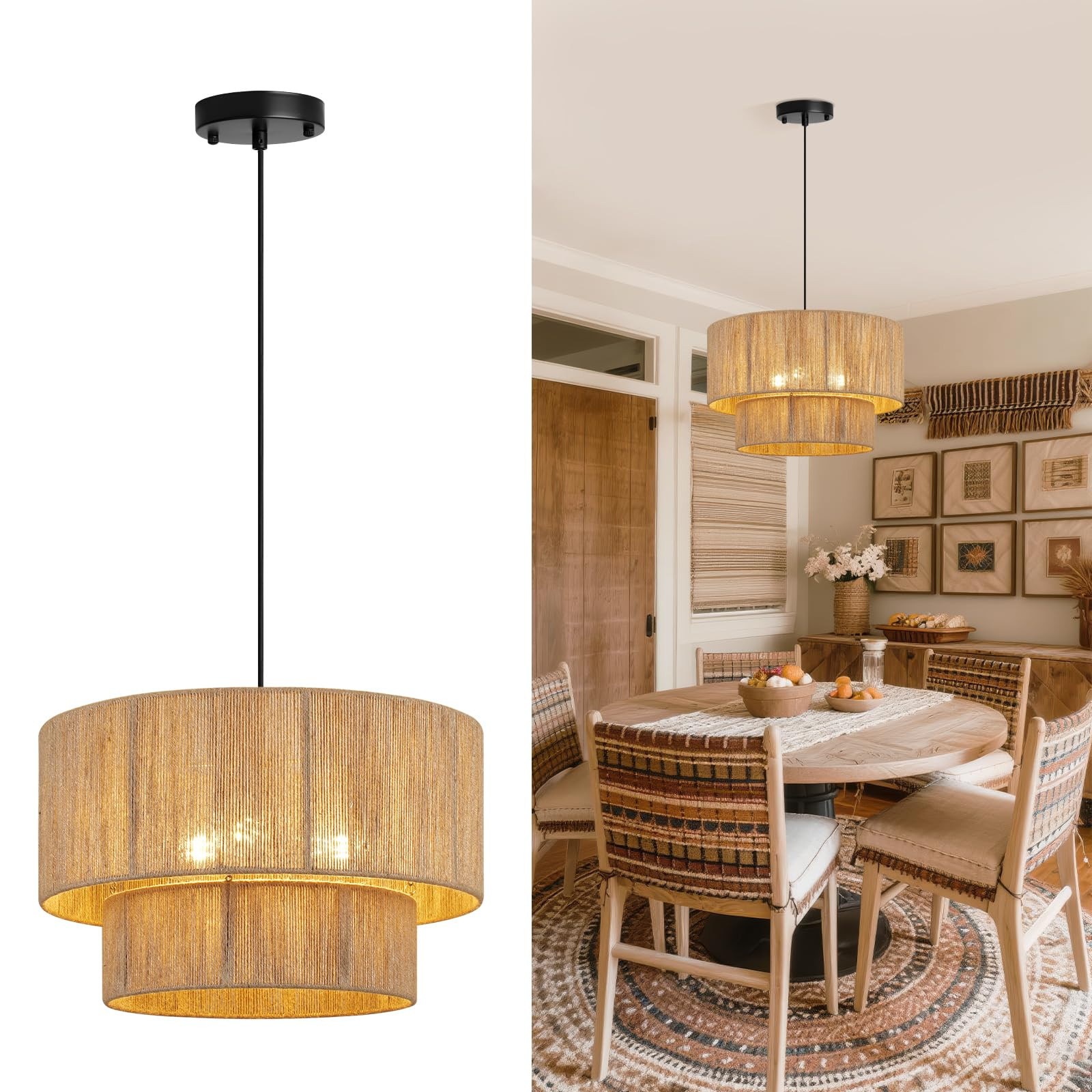 18 Inch Large Rattan Woven Pendant Light, Boho Farmhouse Hanging Chandelier Lamp Fixture, Natural... | Amazon (US)