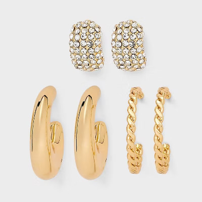Crystal Twist and Puffy Earring Set 3pc - Wild Fable™ Gold: Nickel-Free Metal, Post Closure, Hoop Style, 1" Length | Target