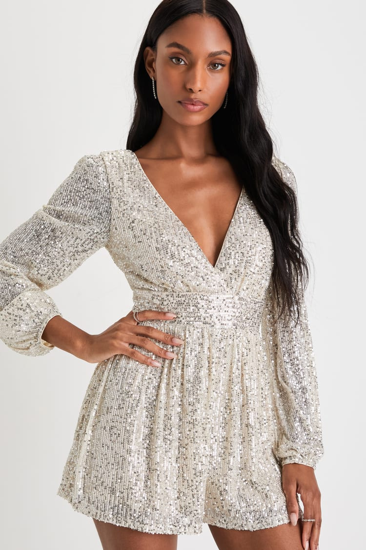Watch Me Shine Champagne Sequin Plunge Long Sleeve Romper | Lulus