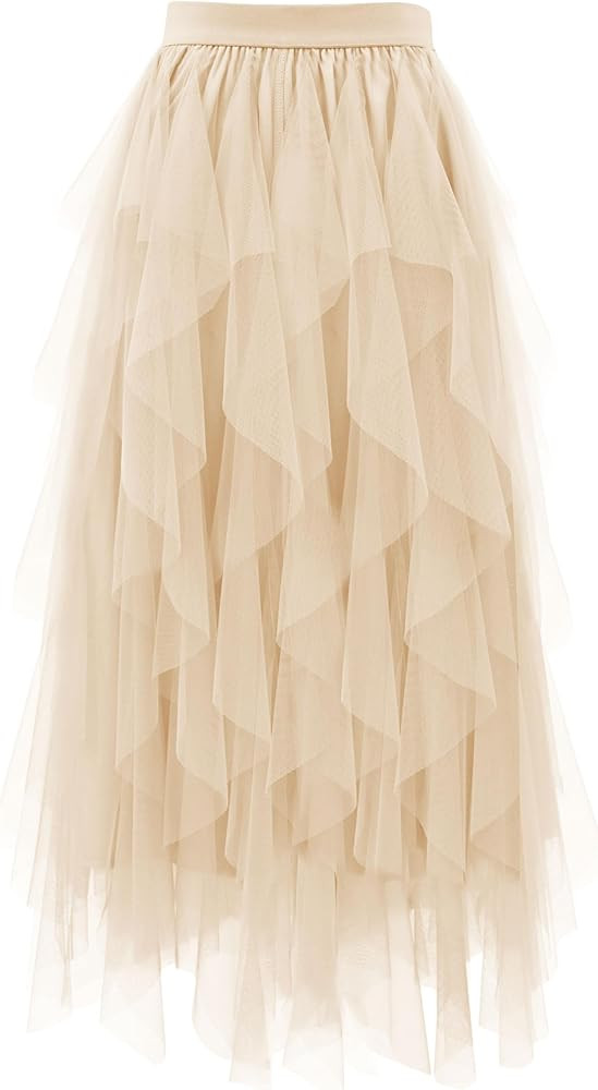 Tulle Skirts for Women A Line Fairy Tiered Skirt Midi Length High Elastic Waist Long Skirt | Amazon (US)