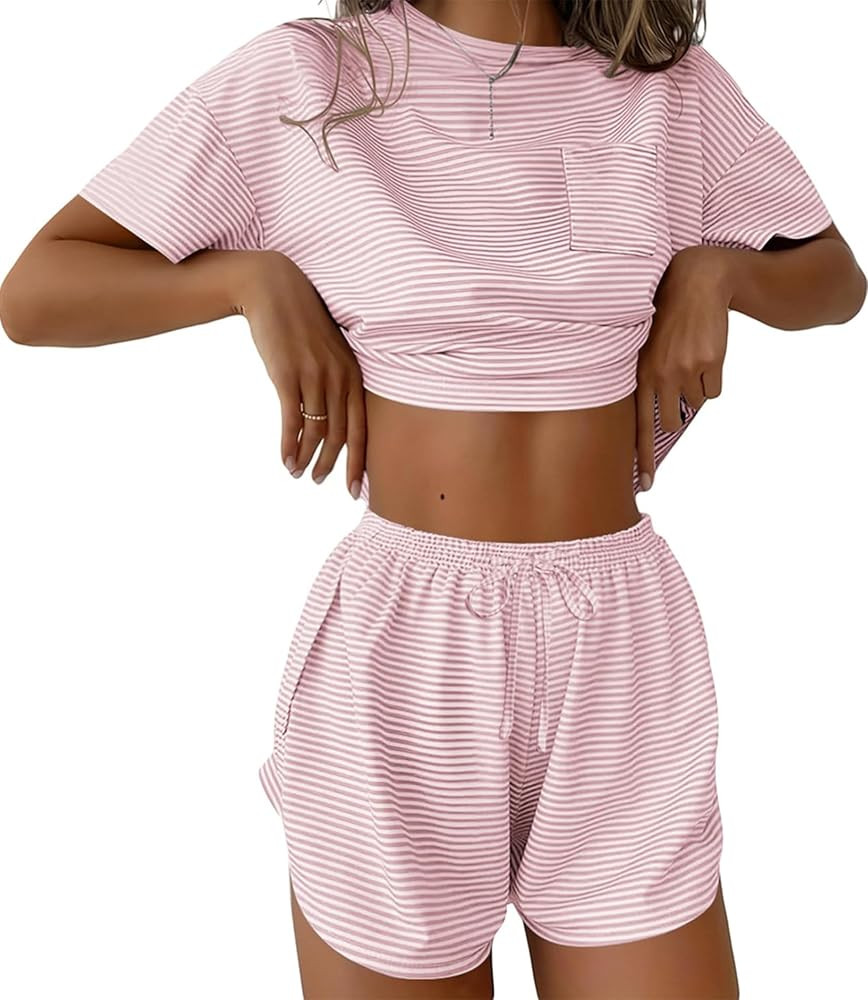 Women's 2 Piece Pajama Set Short Sleeve Sexy Side Split Short Lounge Set Cute Comfy Sleepwear Lou... | Amazon (US)