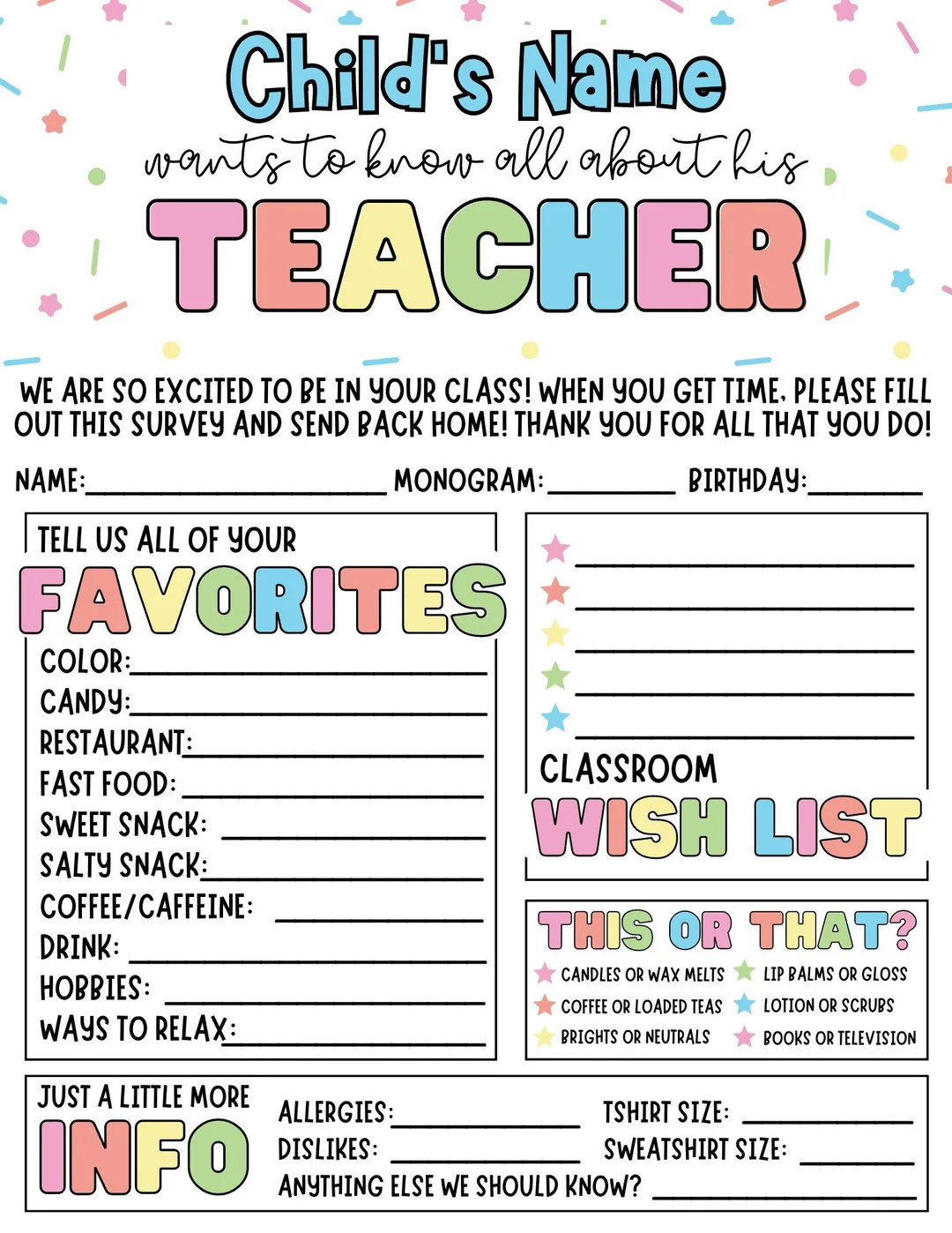 Customizable Teacher Favorites Form Personalized With Your Child's Name - Etsy | Etsy (US)