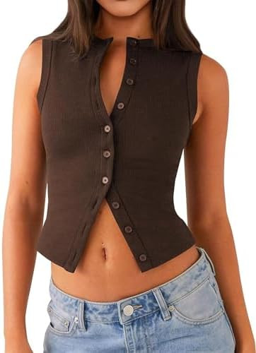 Womens Going Out Tops Summer Spring Ribbed Tank Sexy Crop Cute Y2K Button Down T Shirts Fashion C... | Amazon (US)