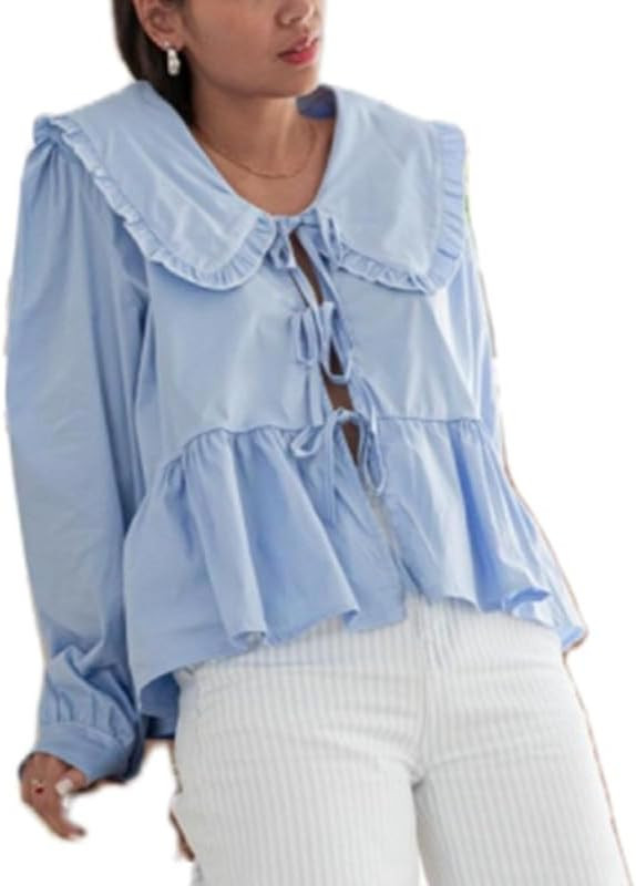 Peplum Blouses Tie Front Blouses for Women Lace Up Puff Sleeve Babydoll Tops Ruffle Bandage Crop ... | Amazon (US)